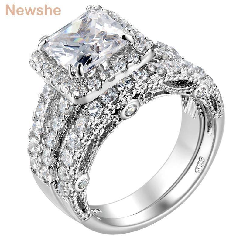 Newshe 2 Pcs Wedding Rings 1.2 Ct Princess Cut AAAAA CZ 925 Sterling Silver Engagement Ring Set for Women Vintage Jewelry Ring Size : 4|4.5|5|5.5|6|6.5|7|7.5|8|8.5|9|9.5|10|10.5|11|12|13 