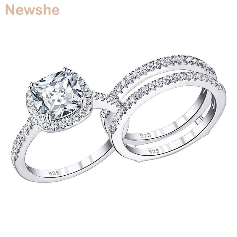 Newshe Solid 925 Sterling Silver Engagement Ring Set For Women Guard Wedding Band Halo Cushion Cut AAAAA CZ Minimalist Jewelry Ring Size : 4|4.5|5|5.5|6|6.5|7|7.5|8|8.5|9|9.5|10|11|12|13 